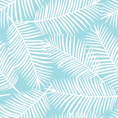 Fotobehang Blauw wit witte palmbladeren op een blauwe achtergrond exotische tropische hawaii naadloze patroon vector