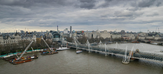 London, United Kingdom, February 17, 2018: Aerial cityscape over the river Thames near Haugerford Bridge with Charing Cross Station