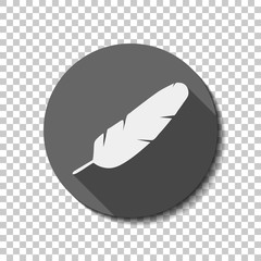 Simple icon of feather. White flat icon with long shadow in circle on transparent background