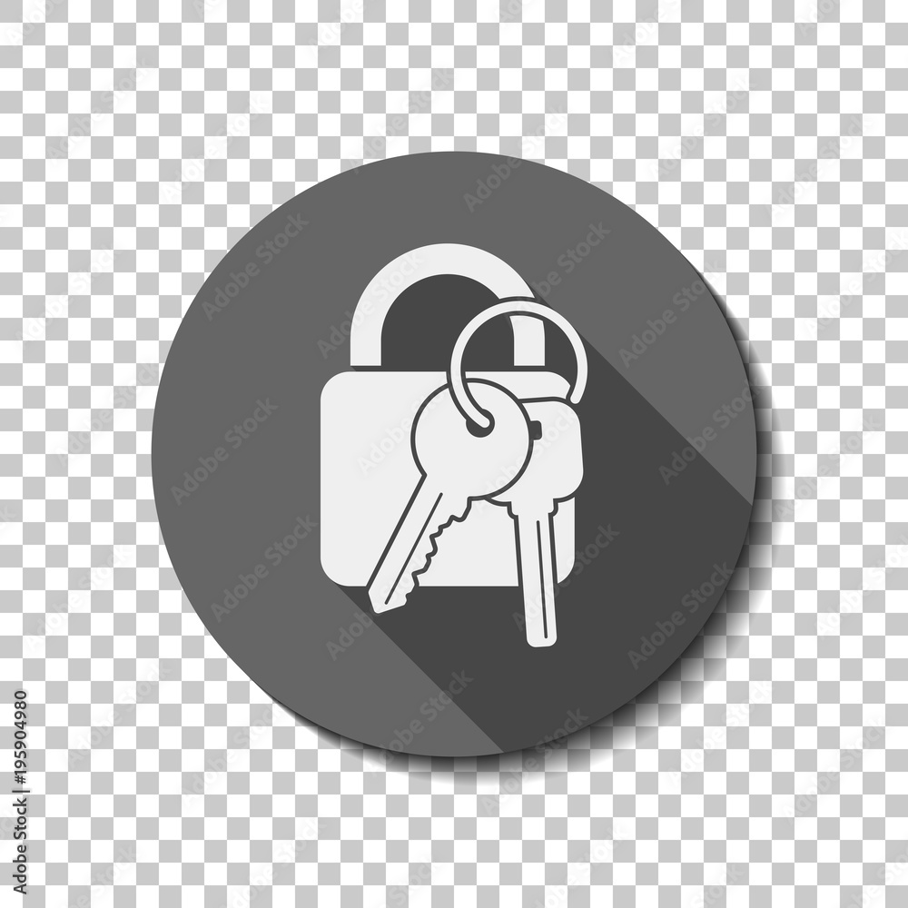 Poster lock with keys icon. white flat icon with long shadow in circle on transparent background