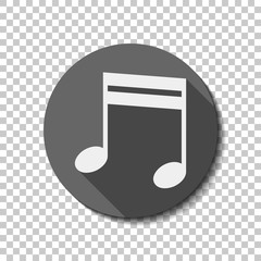 Music note icon. White flat icon with long shadow in circle on transparent background