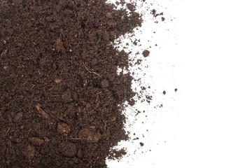 Pile heap of soil isolated on white background with copy space for your text. Top view