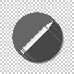 Pencil icon. White flat icon with long shadow in circle on transparent background