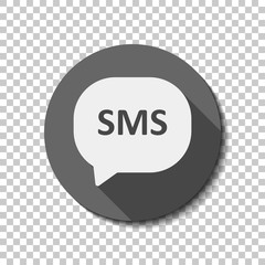 sms icon. White flat icon with long shadow in circle on transparent background