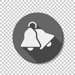 christmas bell icon. White flat icon with long shadow in circle on transparent background