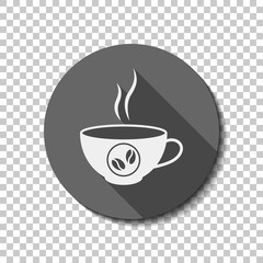 cup of hot coffee icon. White flat icon with long shadow in circle on transparent background