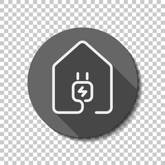 house with electric power plug icon. line style. White flat icon with long shadow in circle on transparent background