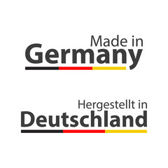 Two simple vector symbols Made in Germany, In German - Hergestellt in Deutschland, signs with the German tricolor isolated on white background
