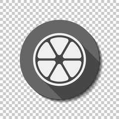 lemon slice icon. White flat icon with long shadow in circle on transparent background