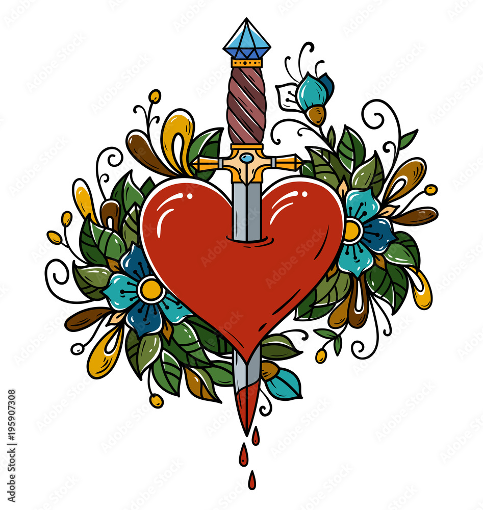 Wall mural Red heart decorated with flowers pierced with dagger. Tatoo dagger piercing heart with dripping blood.Love. Old school