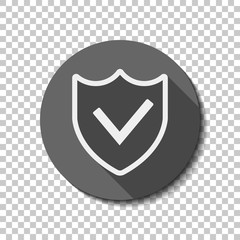 protection success. simple icon. White flat icon with long shadow in circle on transparent background