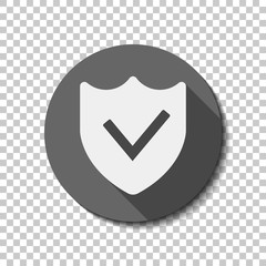 protection success. simple icon. White flat icon with long shadow in circle on transparent background