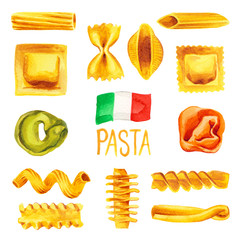 Italienische Pasta-Essen-Set-Aquarell-Illustration mit Flagge Italiens gemalt