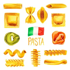 Selbstklebende Fototapete Küche Italienische Pasta-Essen-Set-Aquarell-Illustration mit Flagge Italiens gemalt