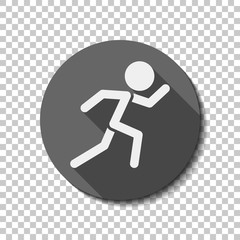 running man. simple icon. White flat icon with long shadow in circle on transparent background