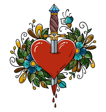 Red heart decorated with flowers pierced with dagger. Tatoo dagger piercing heart with dripping blood.Love. Old school