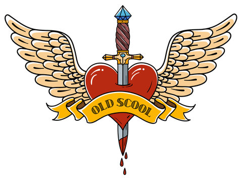 Red heart with wings pierced with ancient dagger. Tatoo dagger piercing flying heart with dripping blood. Old school