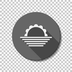 sunrise. simple weather icon. White flat icon with long shadow in circle on transparent background