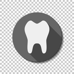 tooth. simple icon. White flat icon with long shadow in circle on transparent background