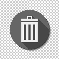 trash bin. simple icon. White flat icon with long shadow in circle on transparent background