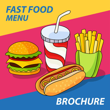 Fast food set. Hamburger, french fries, hot dog and soft drink in cup with straw on bright striped background.