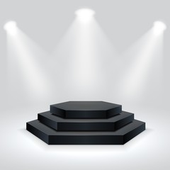 Obraz premium Hexagon podium illuminated by spotlights. Empty ceremony pedestal. Vector illustration.