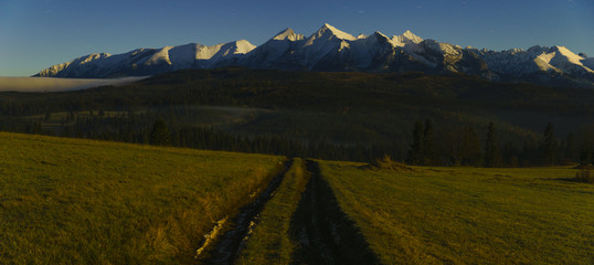 Night in the mountains, Tatra Mountains illuminated by the full moon