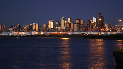 Fototapeta na wymiar After Sunset Downtown City Skyline Seattle Washington Port Waterfront