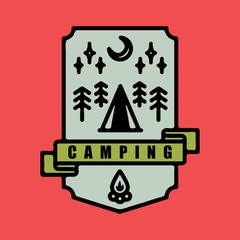 vintage badge camping outdoor in forest with tent,fire and stars.thin line, vector