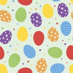Easter seamless pattern with yellow, red, blue, purple and green eggs. Vector.
