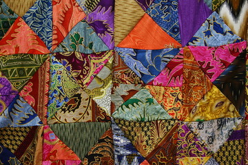 colorful abstract textile, hand made patchwork quilt bali ubud indonesia