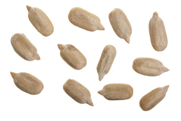 Obraz premium Peeled Sunflower seeds isolated on white background. Top view