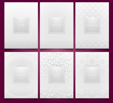 Vector set white packaging templates with silver linear geometric and floral damask pattern texture for luxury product. Trendy design for logo. Premium style brochure.