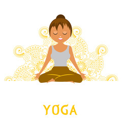 Girl doing yoga against a yellow mandala. One of the poses of a set of exercises. An isolated figure. Vector.