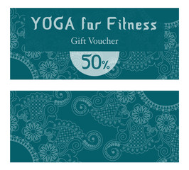Gift certificate for attending yoga classes for fitness. Front and back sides of flyers with the picture of the mandala on a green background. Gift, invitation, advertising flyer. Vector