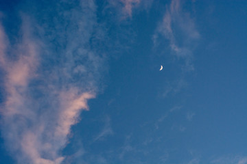 Moon on blue sky with red rare clouds,  late evening.