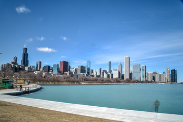 City skyline along water