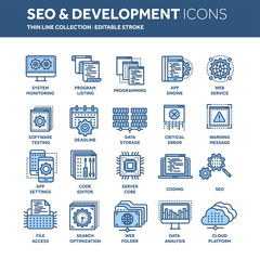 Seo and app development. Search engine optimization. Internet, e-commerce.Thin line blue web icon set. Outline icons collection. Vector illustration.