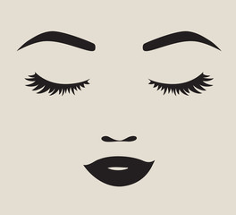 Vector illustration of a pretty woman face silhouette with eyelashes, eyebrows and lips.