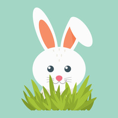 Illustration of white hare. Eps 10 vector. Illustration. Cute little animal on a blue background with grass.