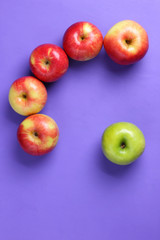 Apples pop art, red apples on a purple background, fruits for breakfast, vitamins, vegetarian food, healthy food, American breakfast, lots of apples for designer, minimalism, ultraviolet