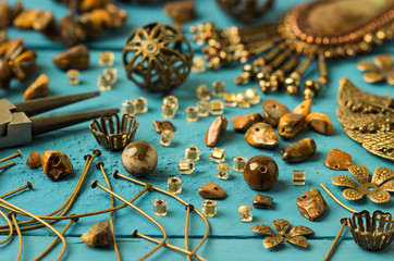 Tools, bead tiger-eye, accessories for making jewelry. Needlework.