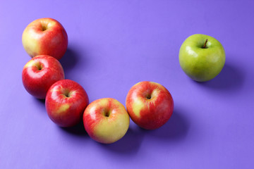 Apples pop art, red apples on a purple background, fruits for breakfast, vitamins, vegetarian food, healthy food, American breakfast, lots of apples for designer, minimalism, ultraviolet