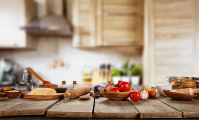 Kitchen Baking and cooking ingredients placed on wooden table