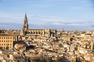 Panoramic view of the cathedral of toledo and adjacent houses. Spain