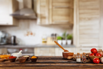 Kitchen Baking and cooking ingredients placed on wooden table