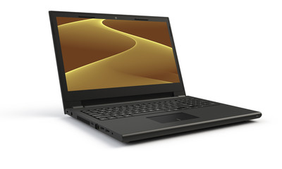 3d render of a black laptop isolated on white. The screen shows blue cyan flames and  abstract wave image. the screen is open and facing forward