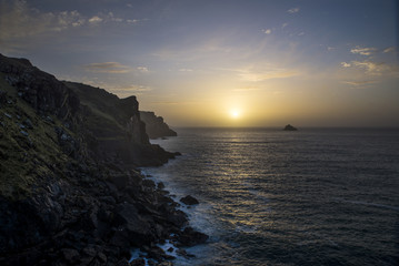 Sunset over the sea at Pentire point, Cornwall, UK