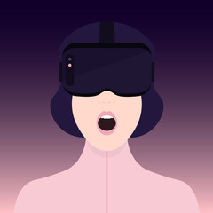 Obraz na płótnie Canvas Vr world. Woman wearing virtual reality glasses. Amazed face. Vector illustration