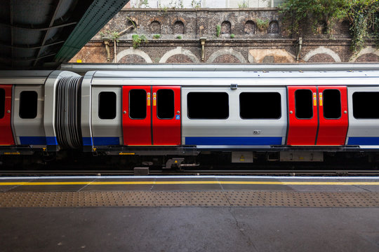 a view of London tube train with ads and people removed